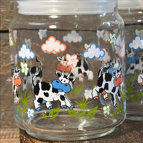 VINTAGE SET OF 2 Charming Cow Print Glass Cookie Snack Jars 7x5" Airtight Seal - Picture 3 of 4